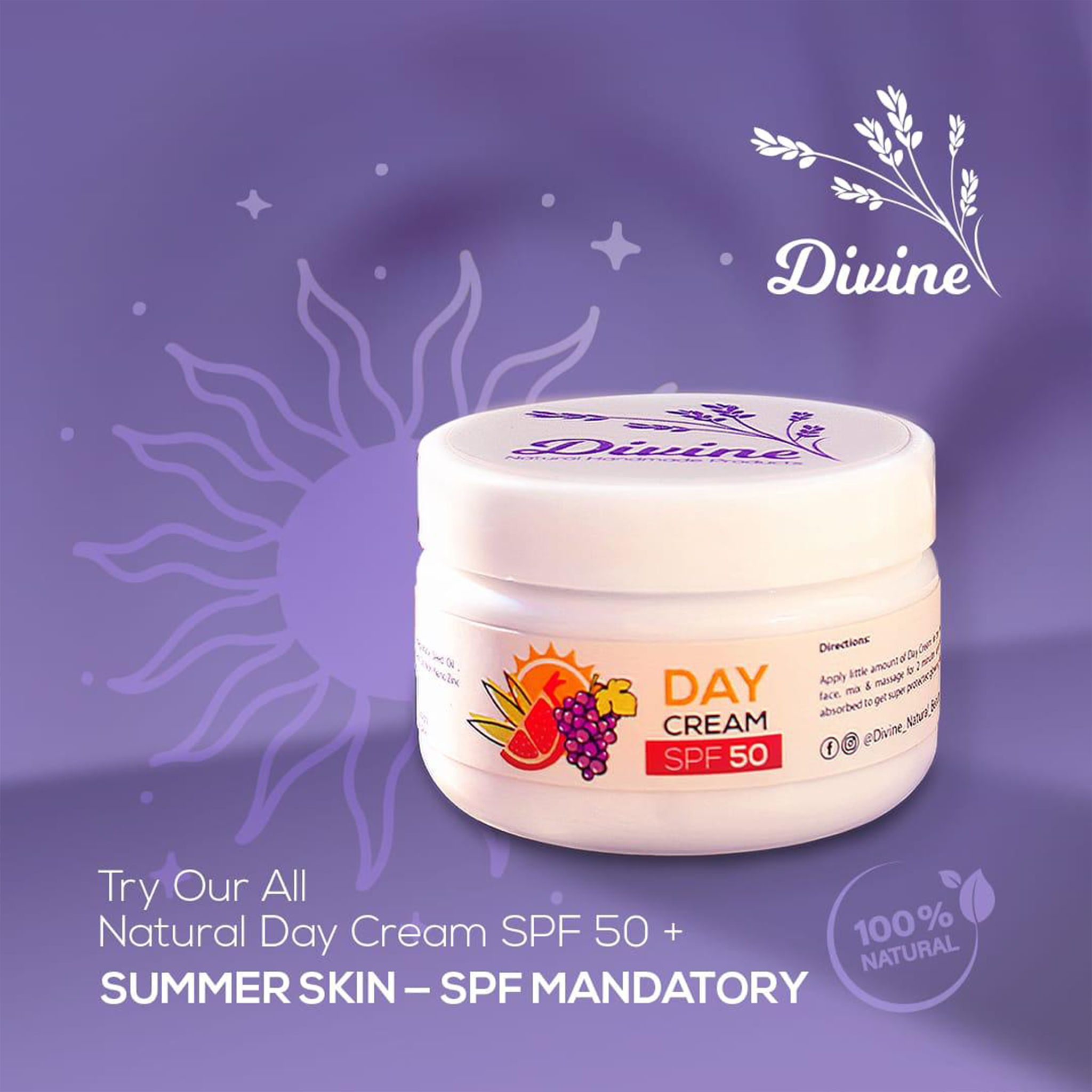 Divine Natural 100% Natural Day Cream with SPF 50+ in its packaging, shown next to a succulent plant, available at El Meraki.