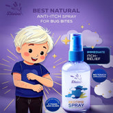 Divine Naturals Anti-Itch Spray for bug bites – no-touch application with fast itch relief, safe for ages 2+. Bottle shown with spray nozzle and ‘Dininen’ branding.