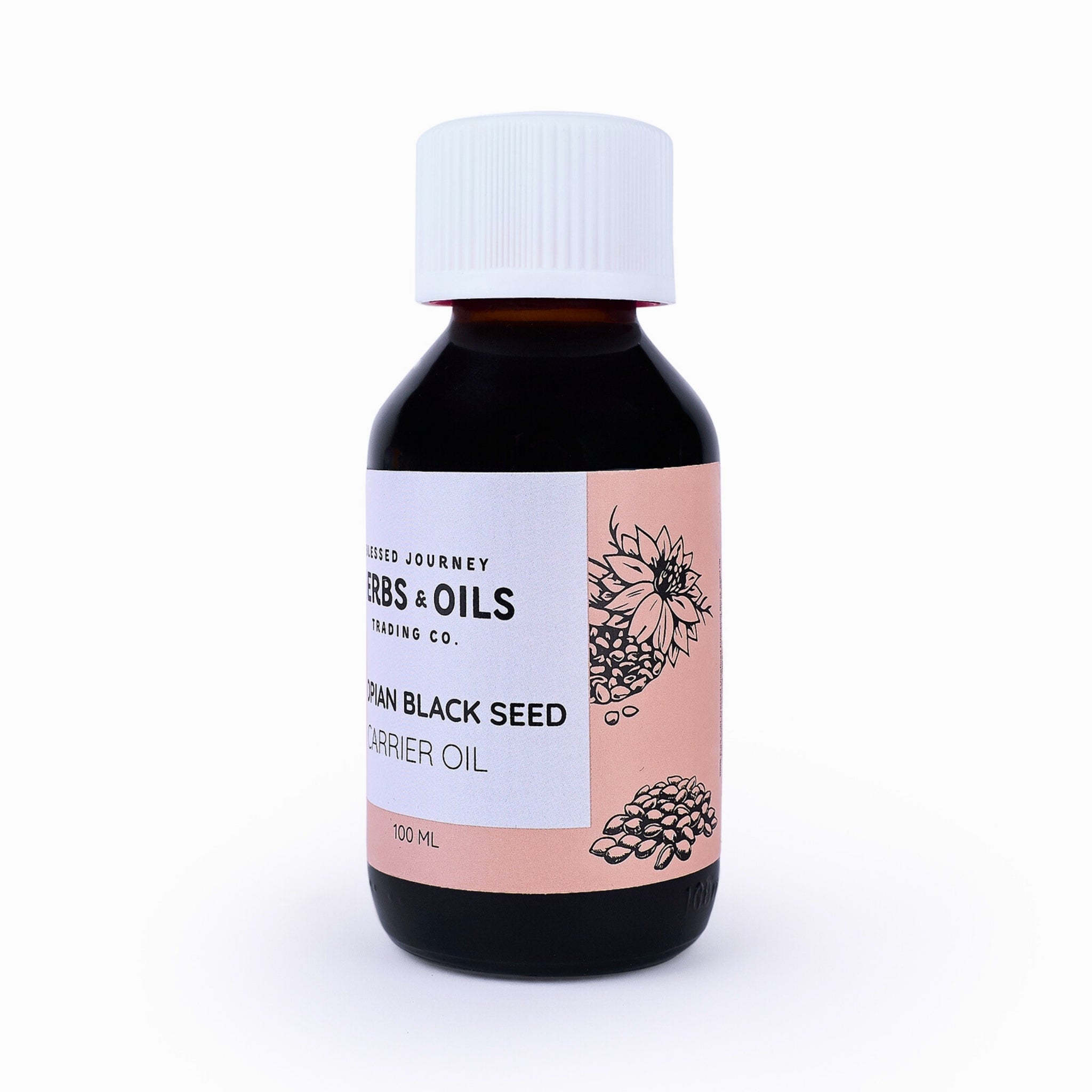 Blessed Journey 100% Pure Ethiopian Black Seed Oil in a dark glass bottle from El Meraki, a potent meta health supplement for internal and topical use.