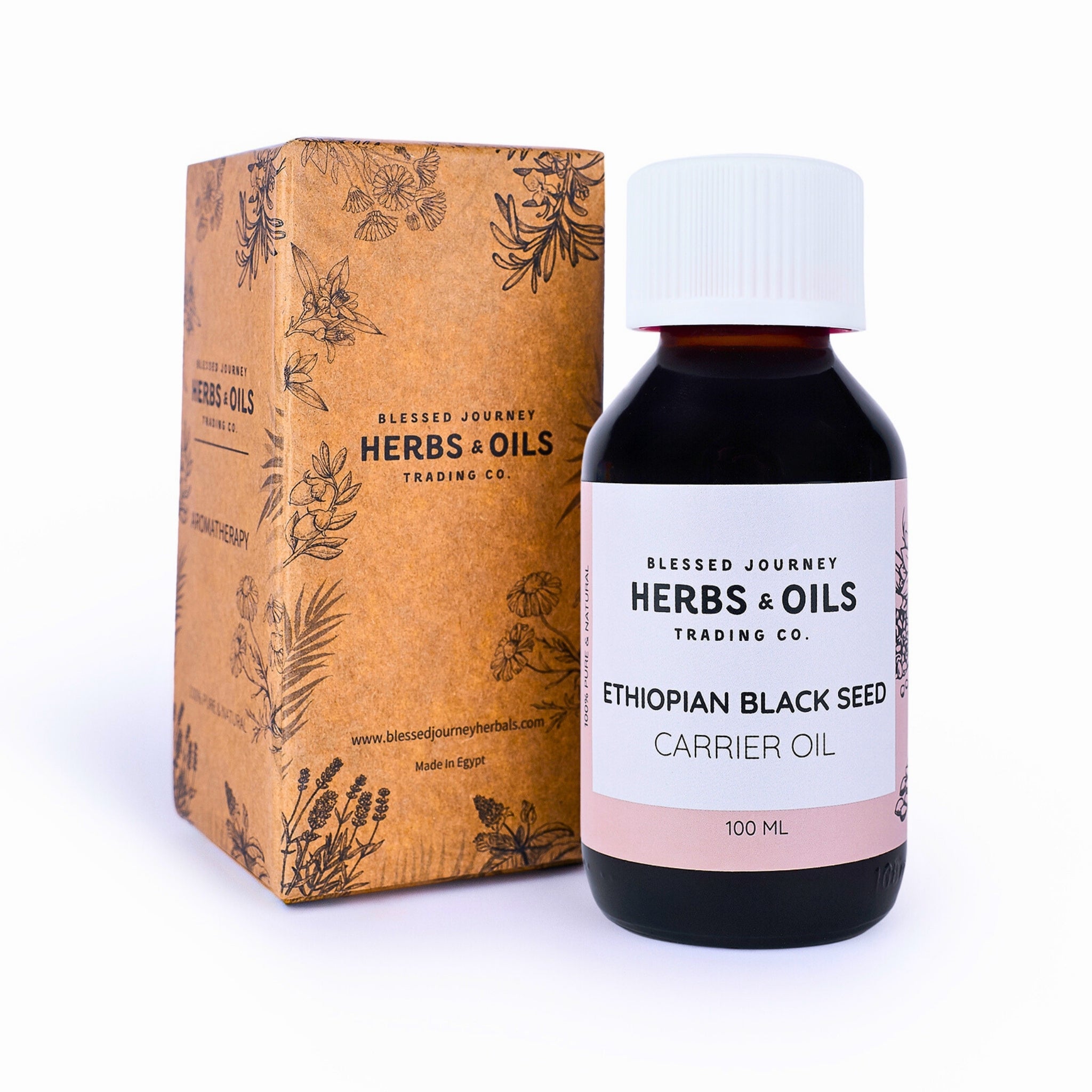 Blessed Journey 100% Pure Ethiopian Black Seed Oil in a dark glass bottle from El Meraki, a potent meta health supplement for internal and topical use.