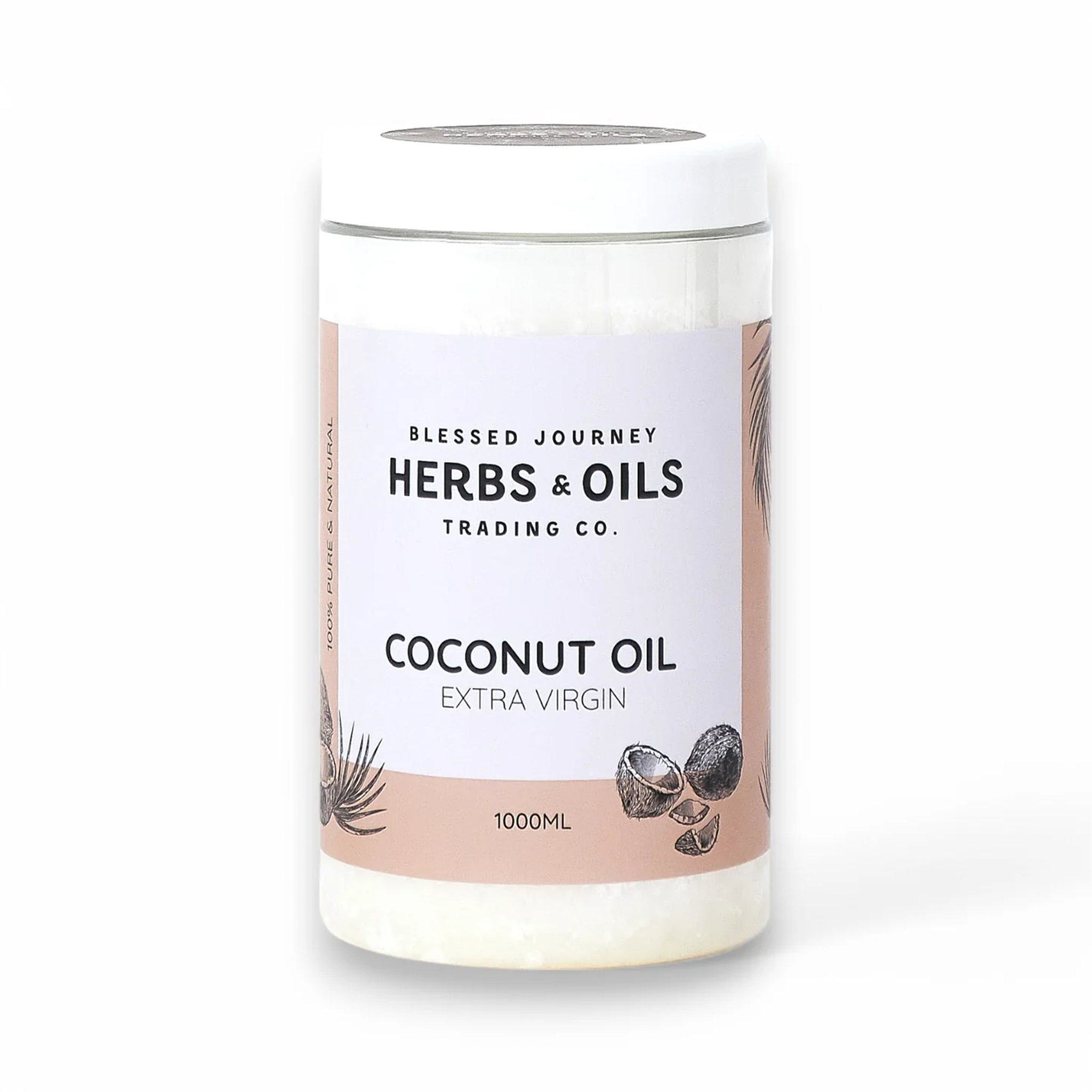 Glass jar of Blessed Journey Extra Virgin Coconut Oil, a natural product for cooking, skin, and hair care, available in Egypt.