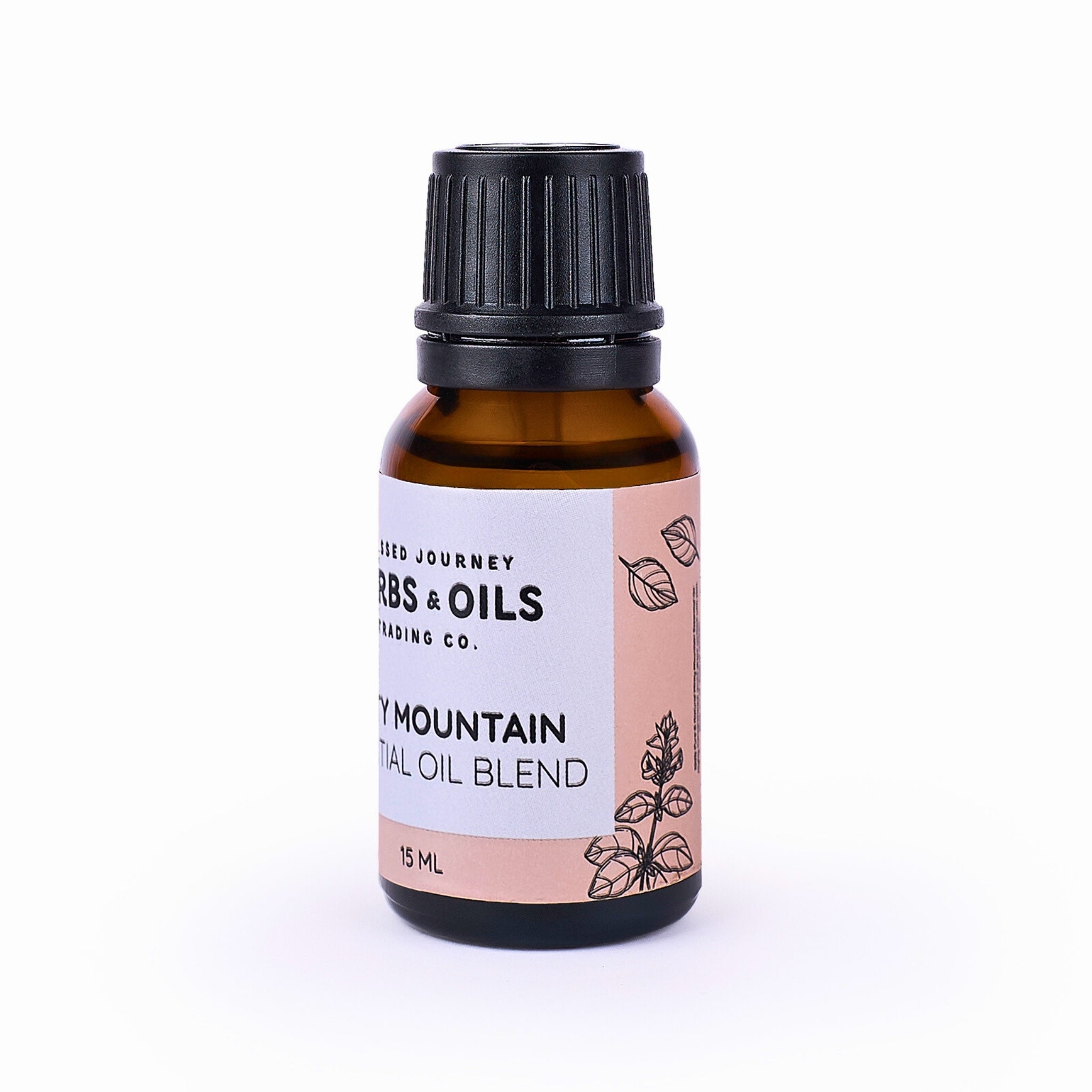 Blessed Journey Minty Mountain Essential Oil Blend in a 15ml amber glass bottle from El Meraki, a potent respiratory support synergy.