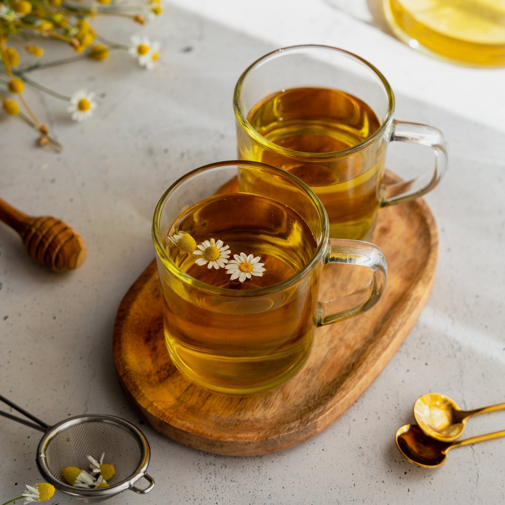 Blessed Journey Organic Chamomile Flowers in resealable bag from El Meraki, whole Egyptian blooms for calming tea and relaxation.
