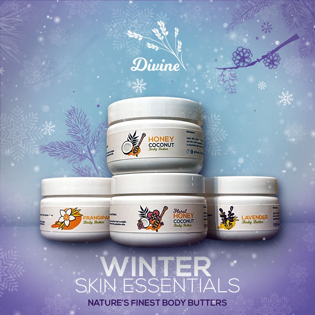 Body Butters by Divine Naturals, available at Elmeraki, displayed in jars with coconut slices, lavender sprigs, and frangipani flowers.