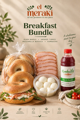 Breakfast Bundle 1 featuring plain bagels, smoked turkey, buffalo mozzarella and kombucha