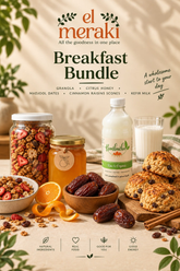 Breakfast Bundle 2 featuring granola, 250 g citrus honey, cinnamon raisin scones, Bennu Medjool dates and kefir buffalo milk