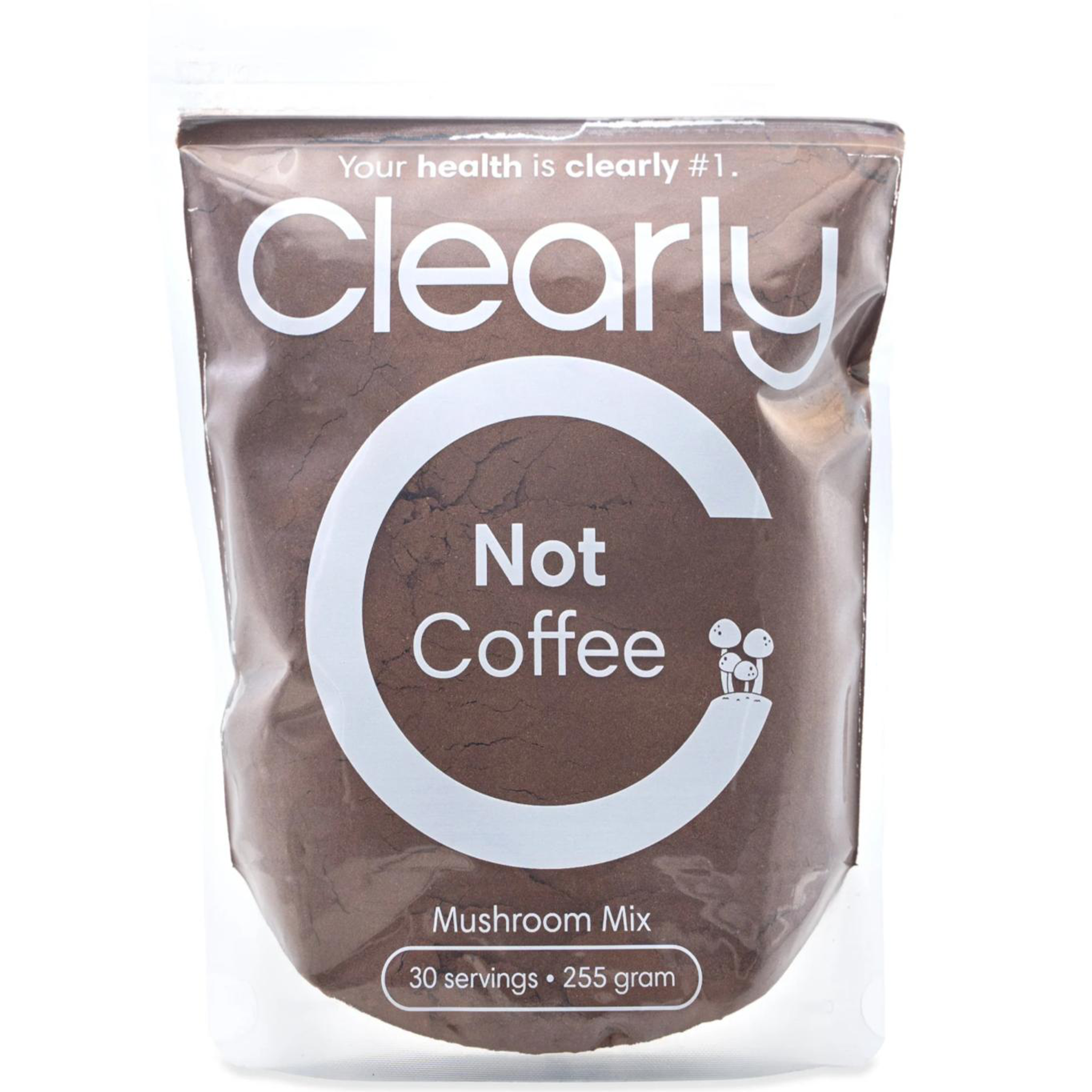 Clearly Not Coffee adaptogenic beverage blend in packaging with scoop.