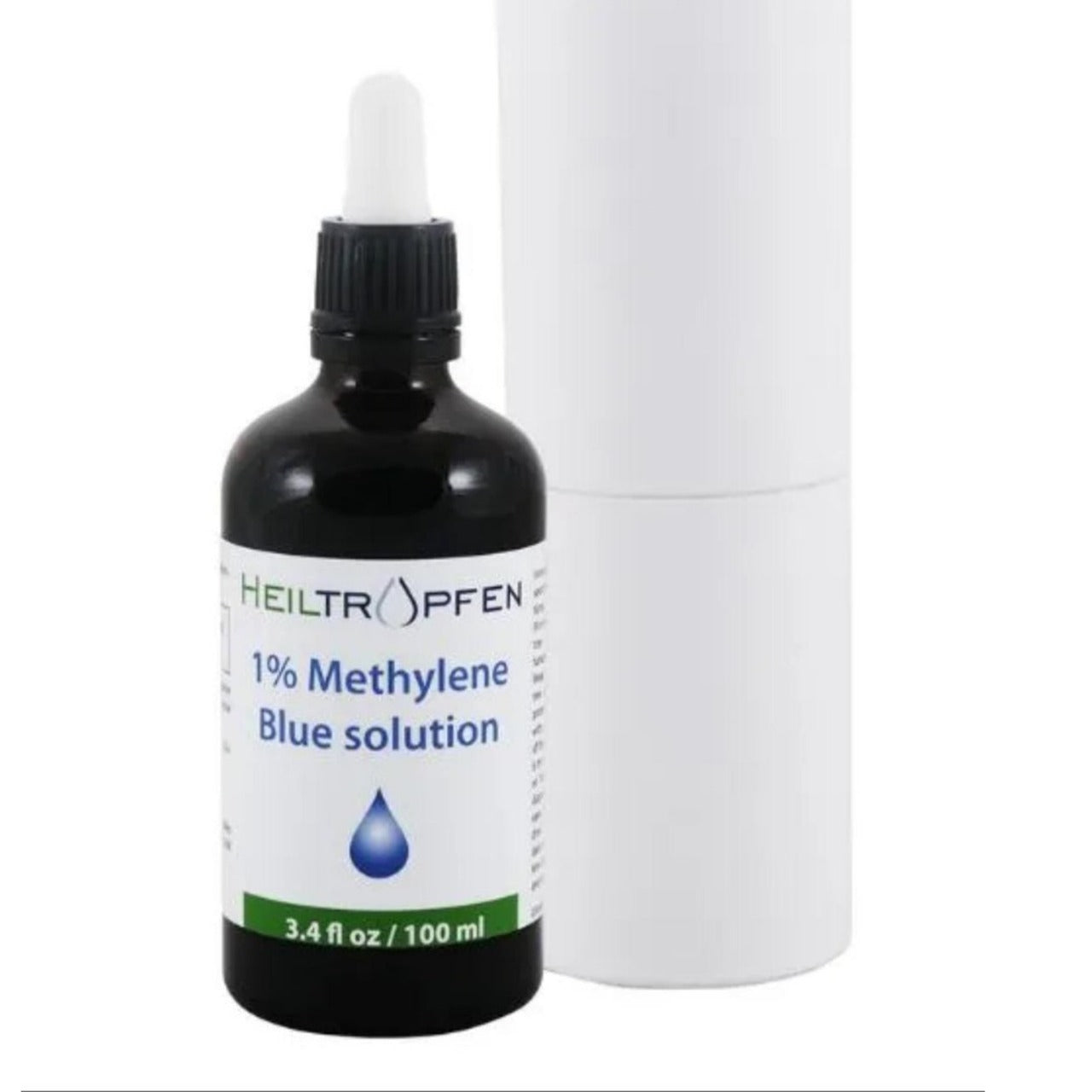 Close-up of Heiltropfen Methylene Blue 1% label showing concentration, batch number, and usage instructions