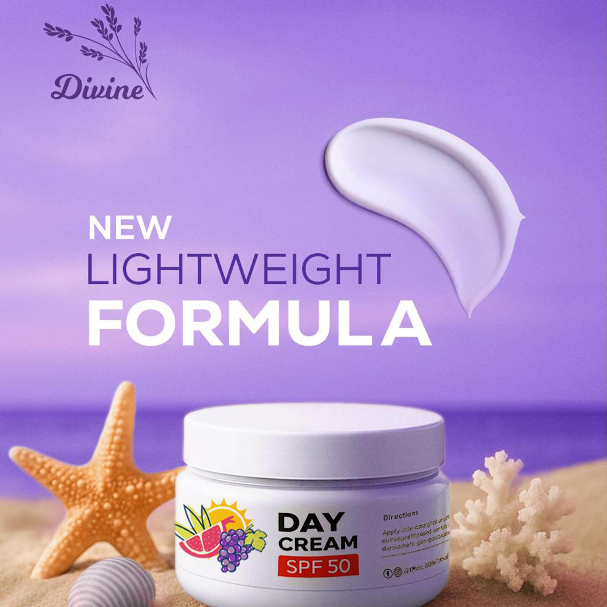 Divine Natural 100% Natural Day Cream with SPF 50+ in its packaging, shown next to a succulent plant, available at El Meraki.