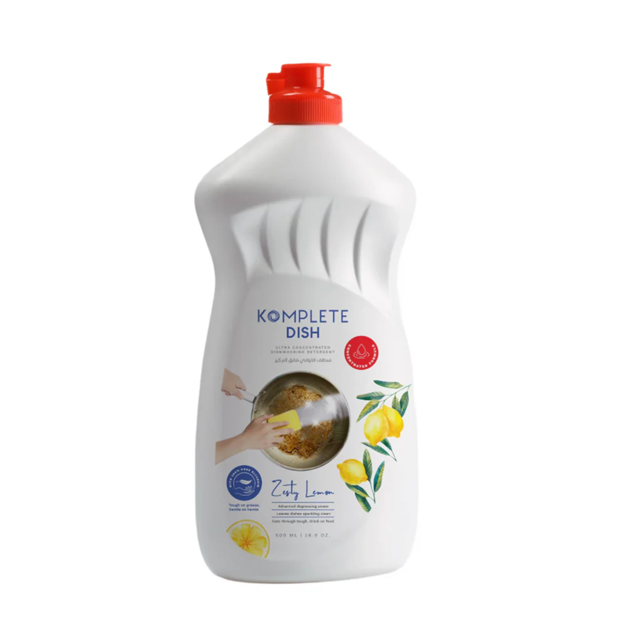 Komplete Dishwashing Liquid bottle - tough on grease, gentle on hands.
