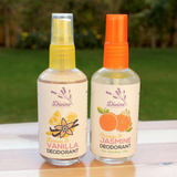 Lemon Vanilla and Orange Jasmine Deodorants by Divine Naturals, available at Elmeraki, displayed in sleek, eco-friendly packaging with fresh citrus and floral accents.