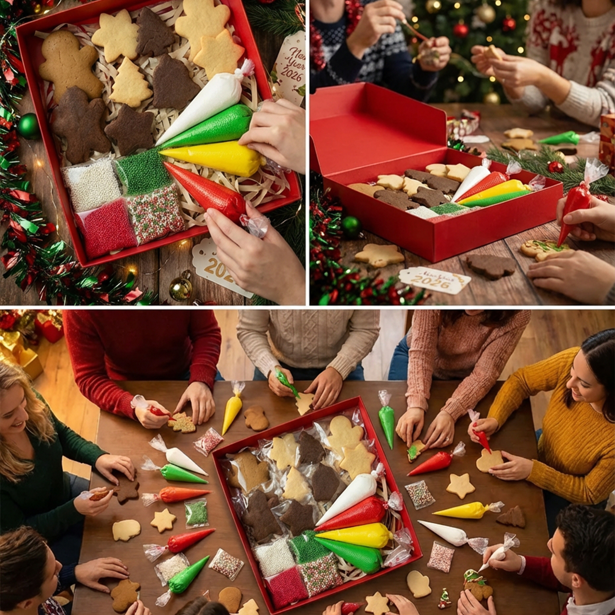 Little Elves’ Decorating Kit for Christmas cookies, includes icing tubes, sprinkles, and edible decorations—fun holiday activity for kids. Made in Egypt.