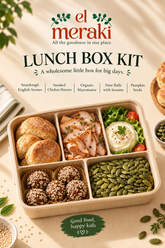 Lunch Box Kit 2 featuring sourdough English muffins, smoked chicken breasts, organic mayonnaise, sesame-covered date balls and pumpkin seeds