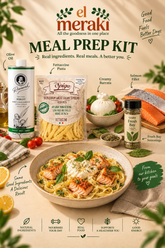 Meal Prep Kit 2 featuring salmon fillet, fettuccine pasta, creamy burrata, extra virgin olive oil and Fresh Bay seasoning