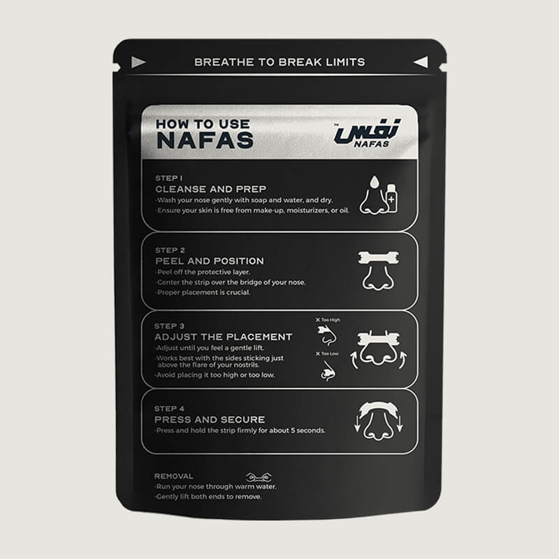 Discreet Black Nafas Nasal Tape applied on a person's nose, available at El Meraki