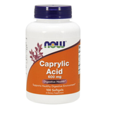 Bottle of NOW Foods Caprylic Acid 600mg dietary supplement softgels for digestive support.