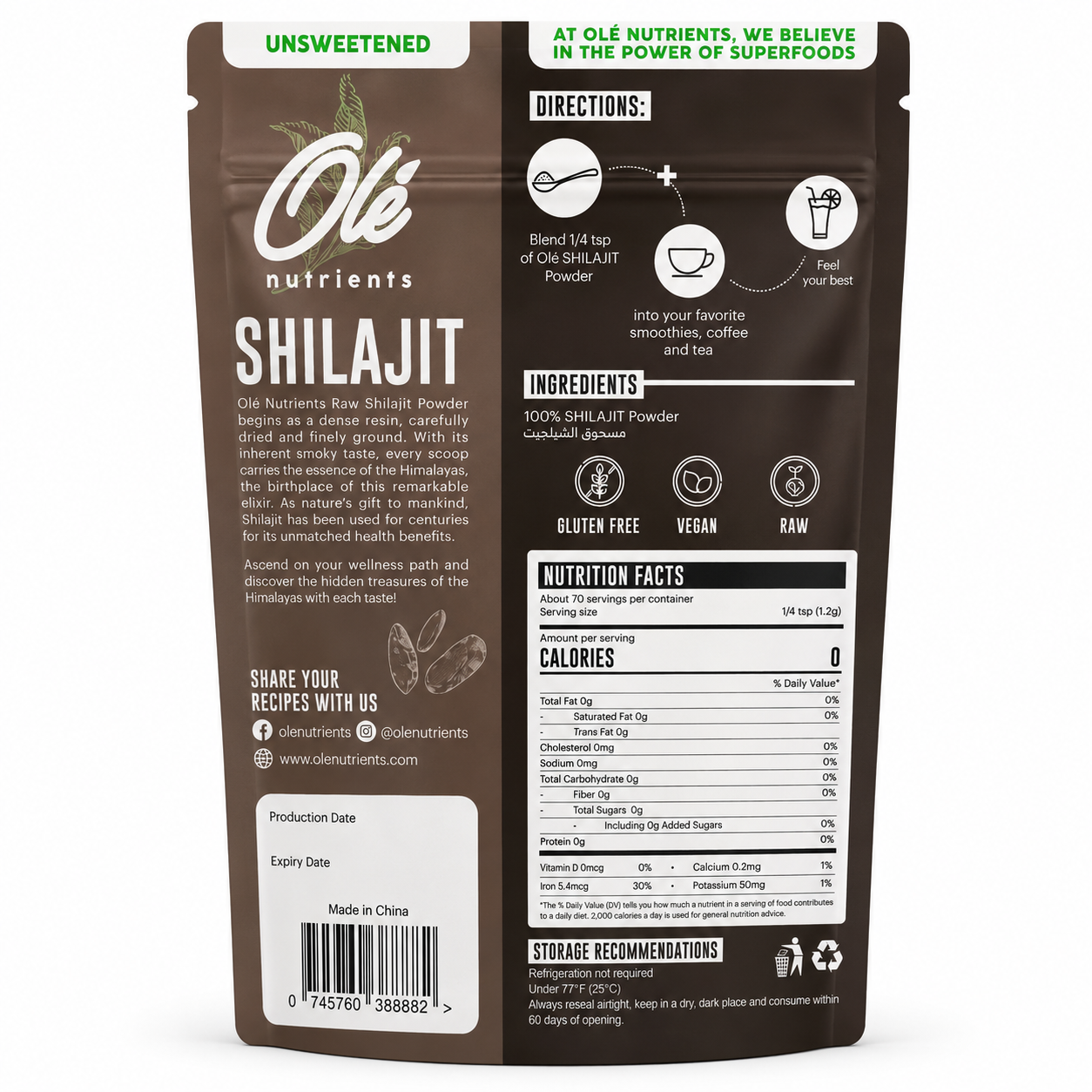 Ole Raw Himalayan Shilajit Powder 100g ingredients and nutrition packaging on white background