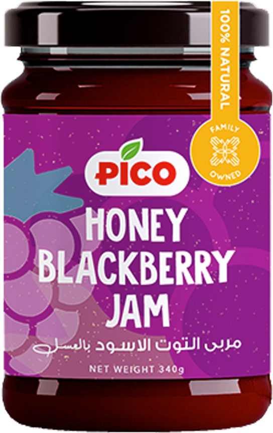 Jar of Pico Blackberry Jam with visible seeds and rich purple color, a gourmet fruit spread made in Egypt.
