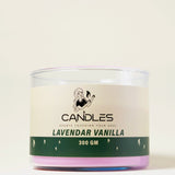 Purple Charm Lavender Vanilla Candle (300g) by Georgetta Candles, available at Elmeraki, displayed in a sleek purple container.