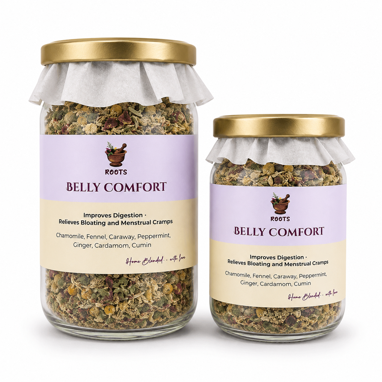 Roots Within Belly Comfort herbal tea blend packaging on white background