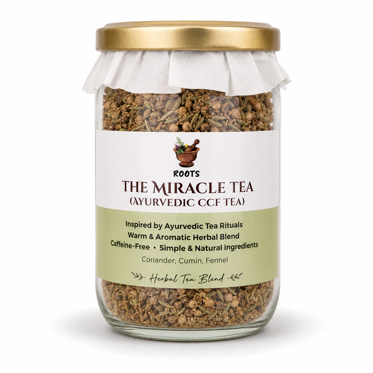 Roots Within The Miracle Tea Ayurvedic CCF Blend packaging on white background