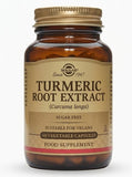 A bottle of Solgar Turmeric Root Extract containing 60 vegetable capsules, suitable for vegans. The label indicates it is standardized for full potency and manufactured in the USA by Solgar Vitamin and Herb, Leonia, NJ.