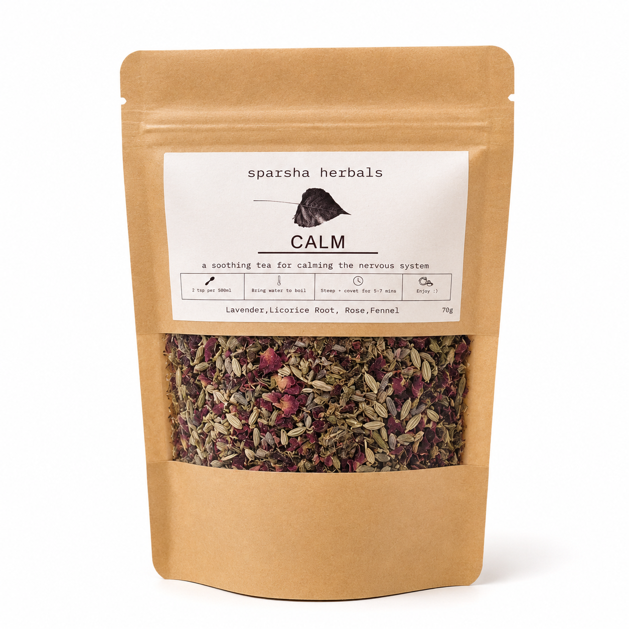 Calm Tea by Sparsha herbal tea blend with lavender licorice root rose and fennel