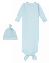 Under the Nile Pearl Blue Knotted Gown and Beanie Set for newborns.