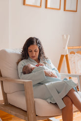 Under the Nile Pearl Blue Mommy & Me Gift Set, featuring elegant matching organic cotton items for mother and baby.