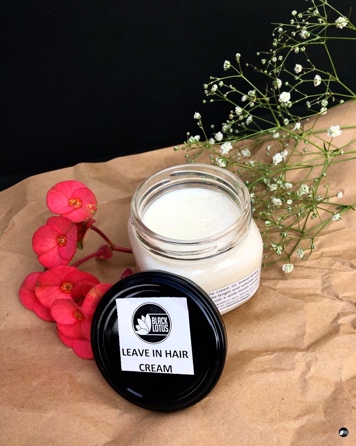 Black Lotus Leave In Hair Cream bottle for daily nourishment and detangling. Produced in Egypt.