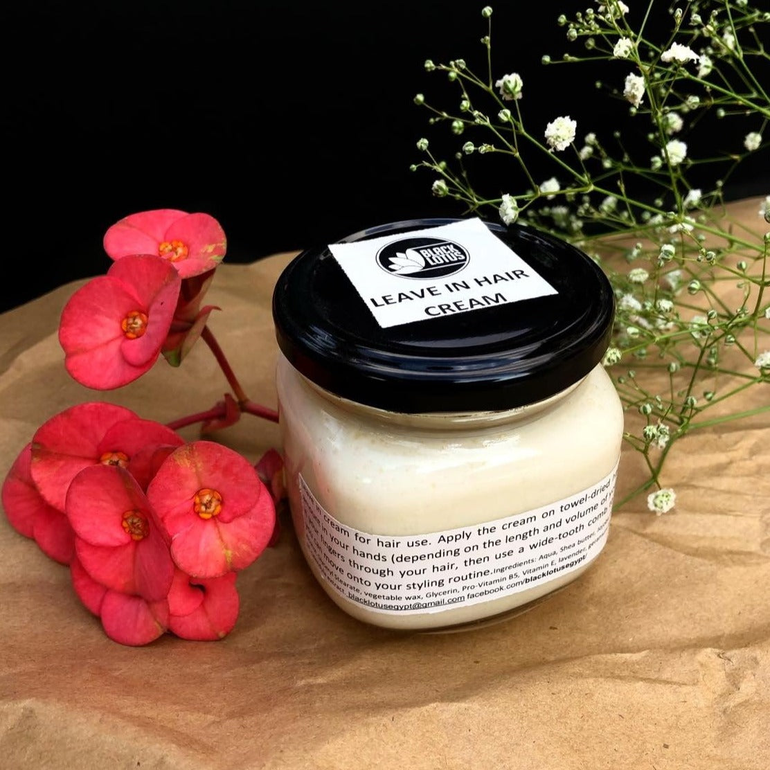 Black Lotus Leave In Hair Cream bottle for daily nourishment and detangling. Produced in Egypt.