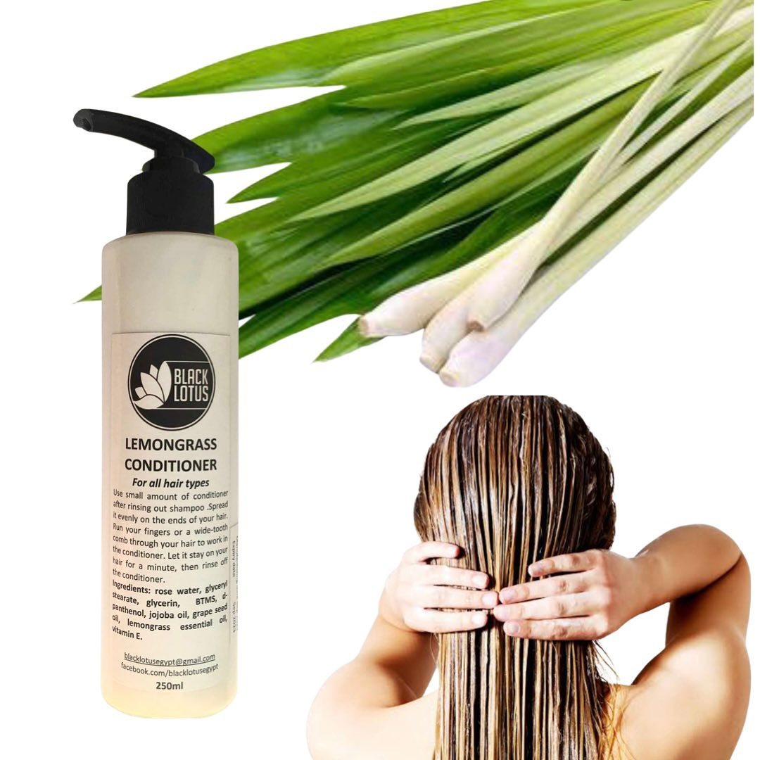Bottle of Black Lotus Lemongrass Hair Conditioner for all hair types. Produced in Egypt.