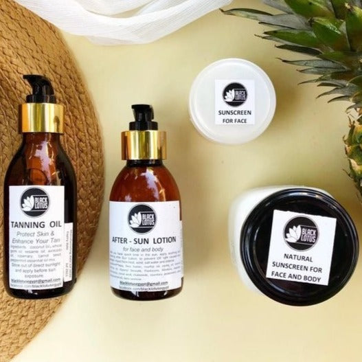 Black Lotus Natural Tanning Oil for a sun-kissed glow and skin nourishment. Produced in Egypt.