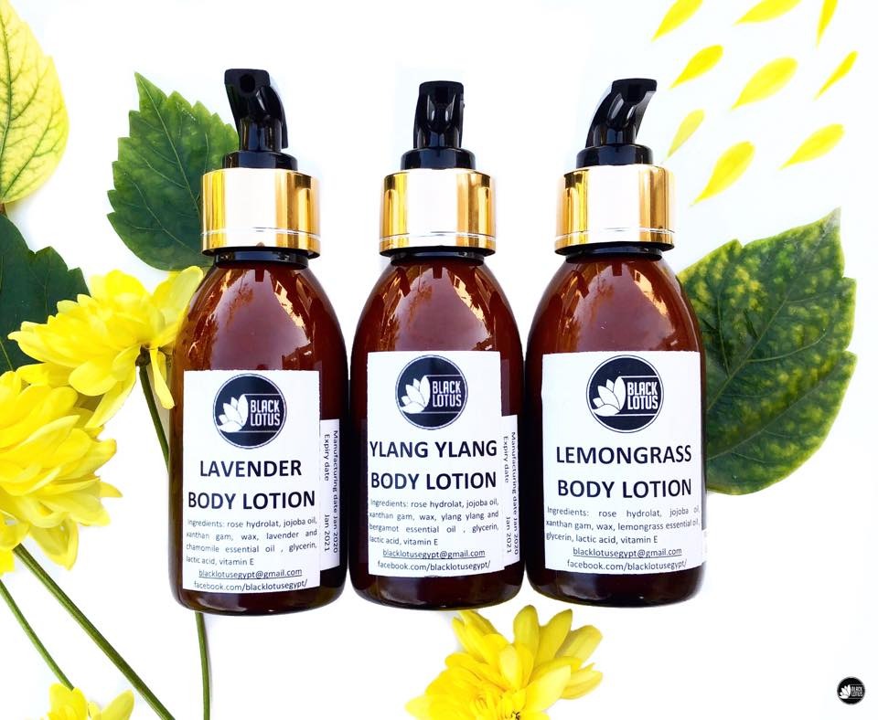 Bottle of Black Lotus Nourishing Body Lotion with lactic acid for smooth, hydrated skin. Produced in Egypt.