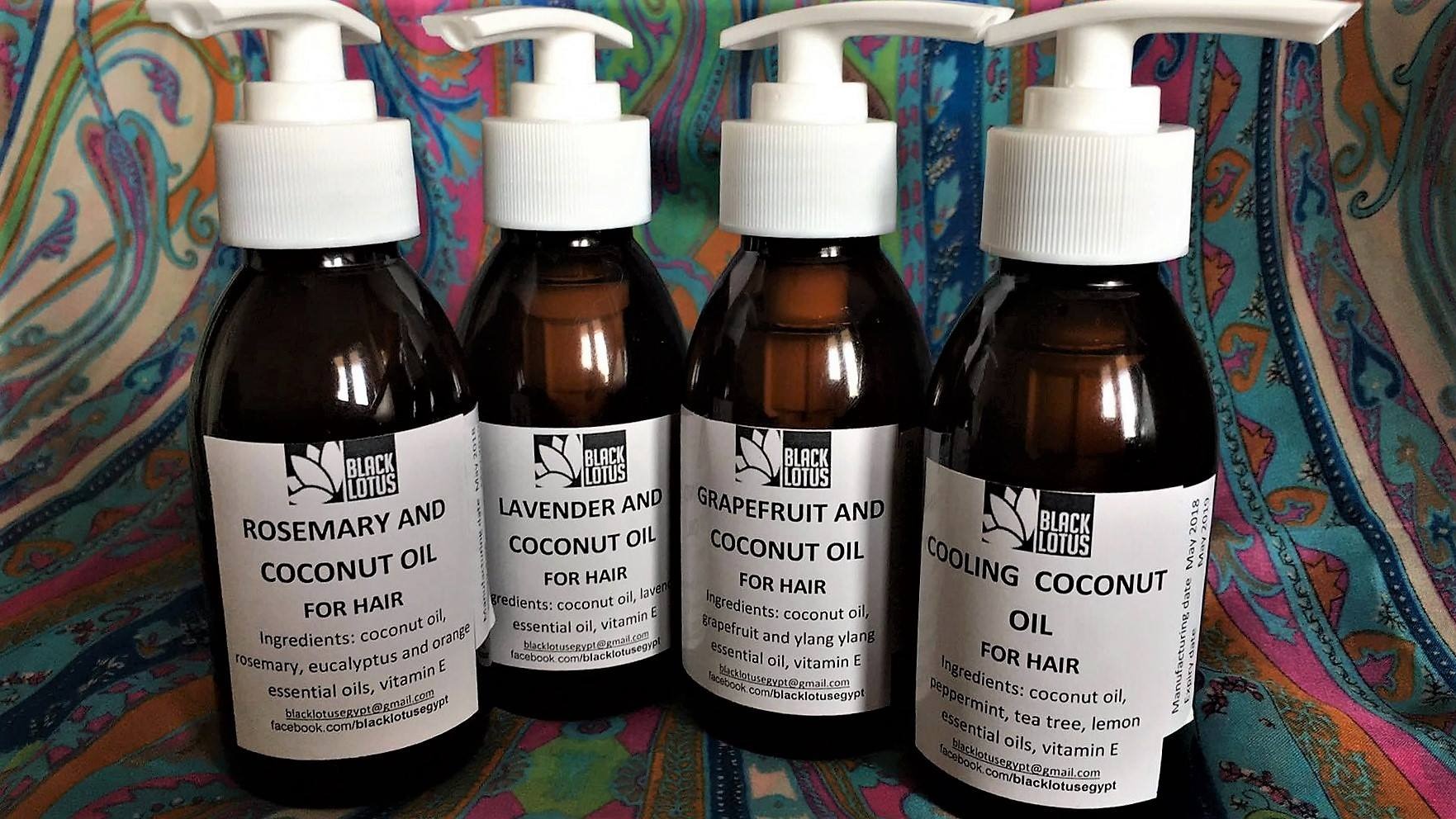 A jar of Black Lotus Pure Coconut Oil for hair and scalp nourishment. Produced in Egypt.