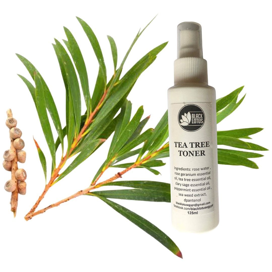 Bottle of Black Lotus Tea Tree Toner for purifying and refreshing the skin. Made in Egypt.