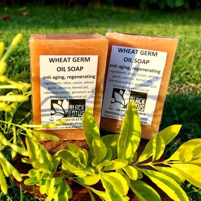 Black Lotus Wheat Germ Soap with calendula and essential oils for revitalized skin. Made in Egypt.