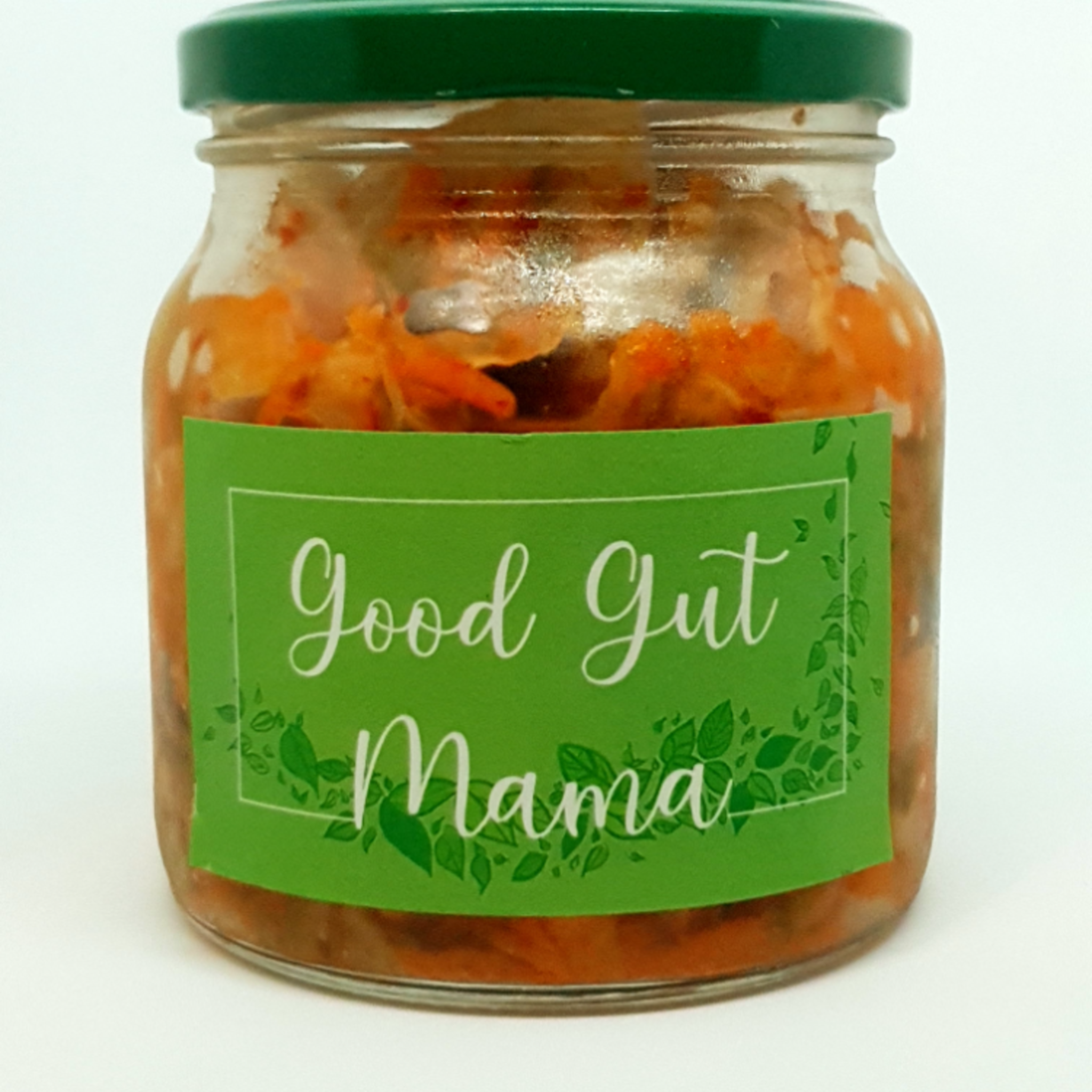 Jar of Good Gut Mama Korean Kimchi made in Egypt, showing fermented napa cabbage with carrots and spices.