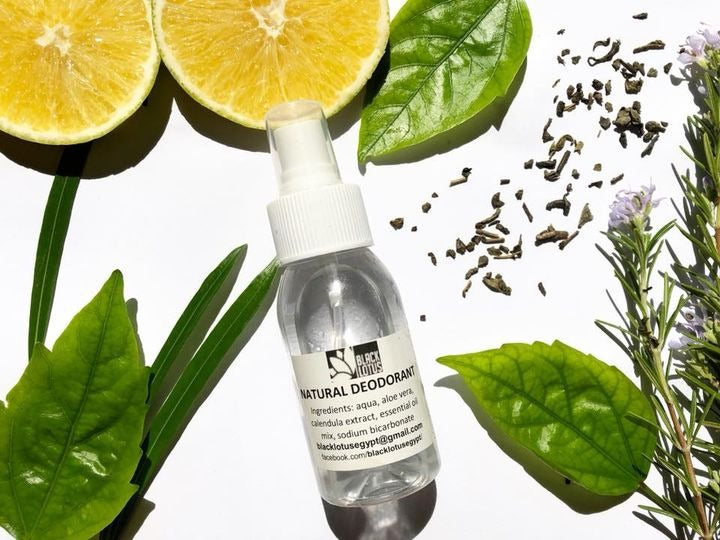 Black Lotus Natural Deodorant Spray, aluminum-free and made in Egypt.