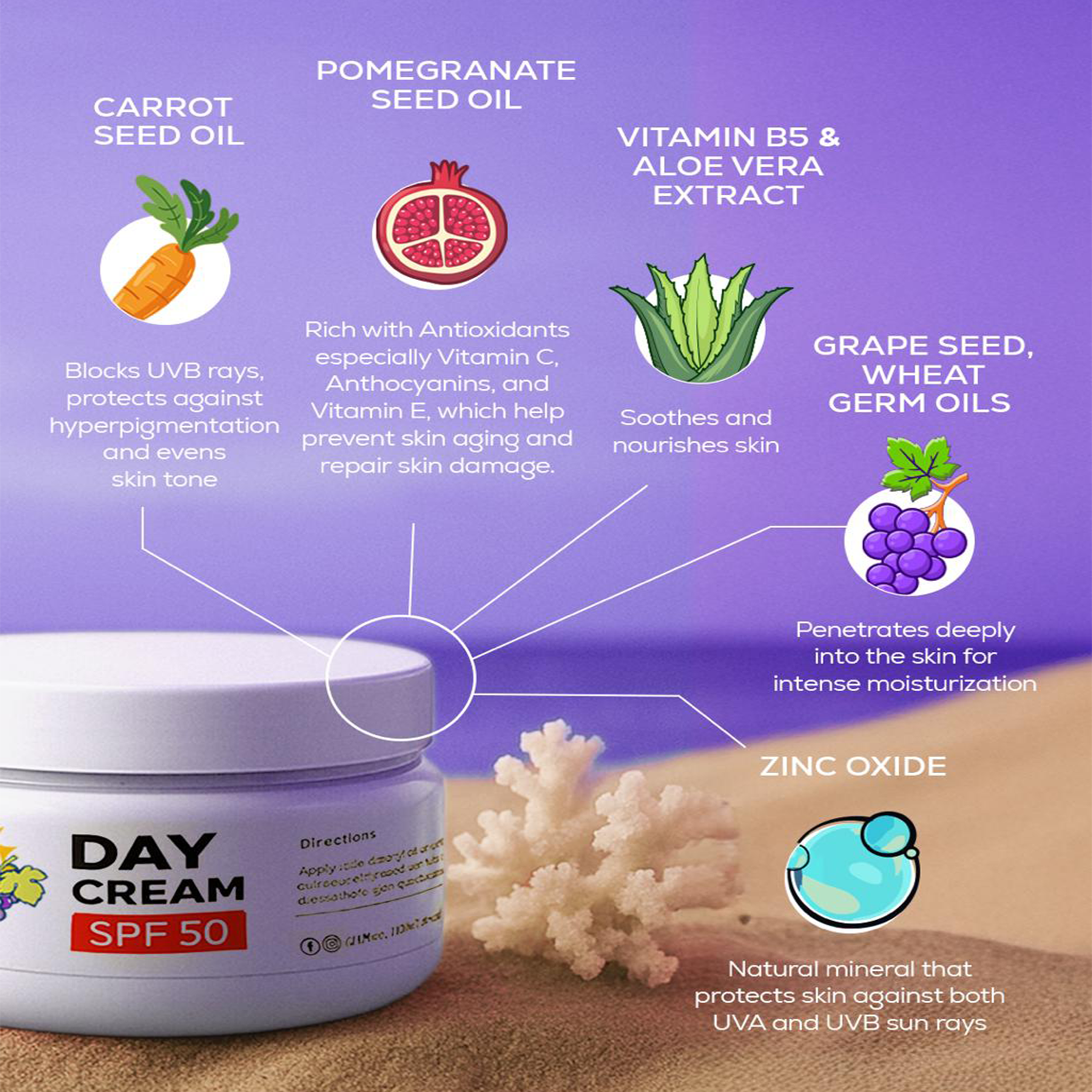 Divine Natural 100% Natural Day Cream with SPF 50+ in its packaging, shown next to a succulent plant, available at El Meraki.