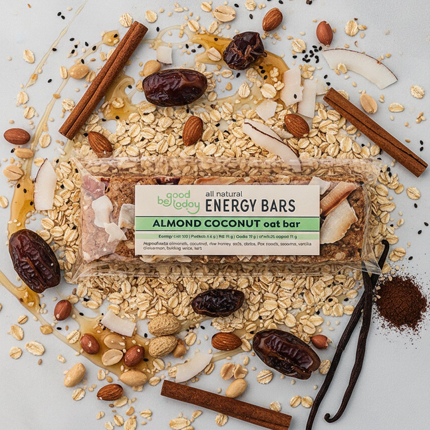 Be Good Today Almond Coconut Oat Energy Bar 1 piece with almonds, coconut, oats, seeds and dates