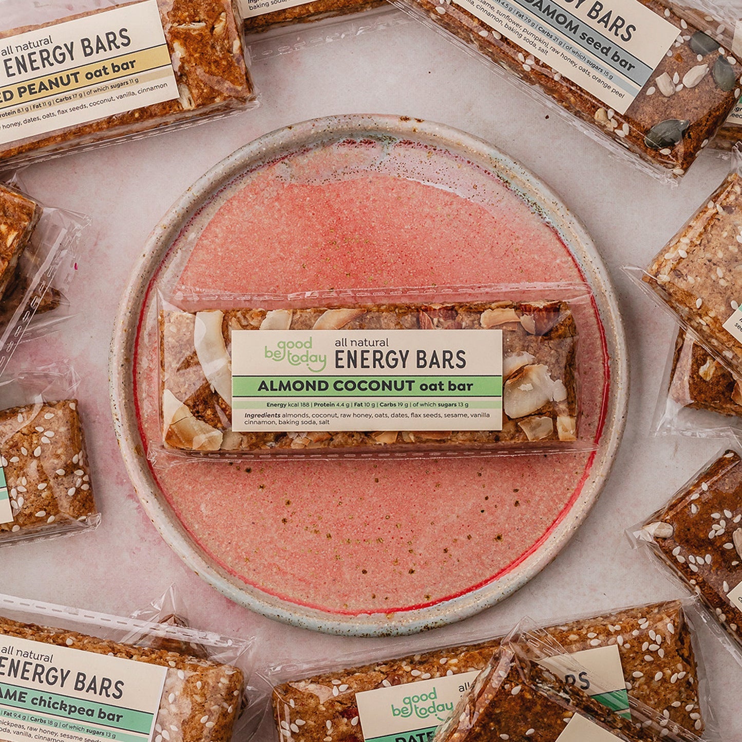 Almond Coconut Oat Energy Bar by Be Good Today 1 piece, bar with almonds, toasted coconut, oats, seeds and dates