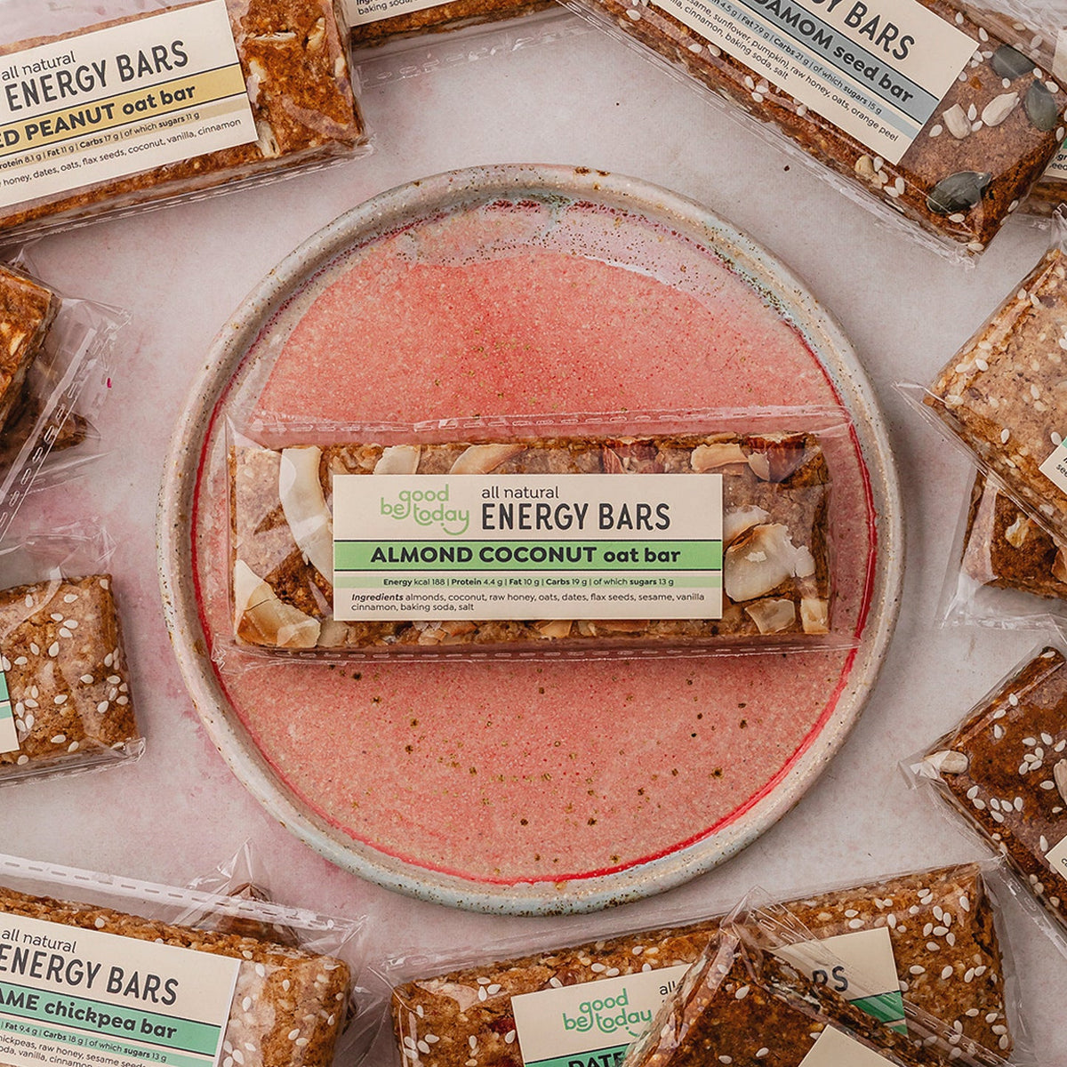 Almond Coconut Oat Energy Bar by Be Good Today 1 piece, bar with almonds, toasted coconut, oats, seeds and dates