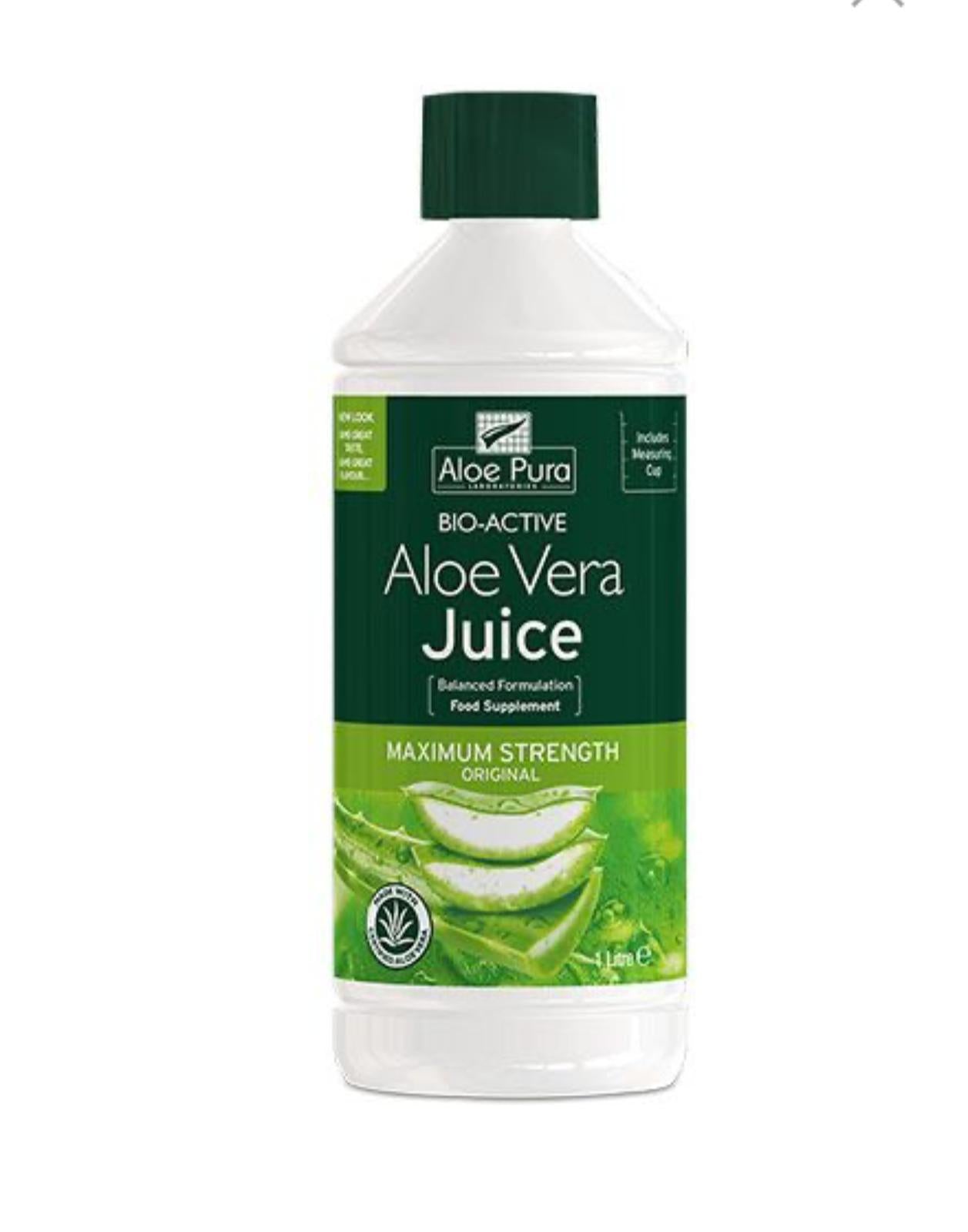 Glass bottle of Aloe Pura's unfiltered whole leaf aloe vera juice showing natural green color and texture