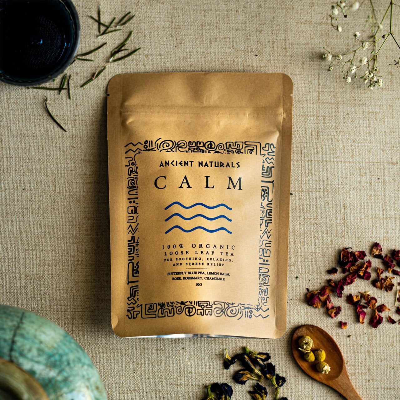 CALM Herbal Tea by Ancient Naturals made with Butterfly Blue Pea, Chamomile, Rose, Rosemary and Lemon Balm