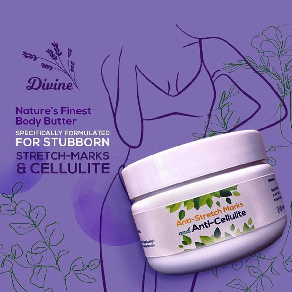 Anti-stretch Marks & Anti-cellulite Body Butter by Divine Naturals, available at Elmeraki, displayed in a jar with fresh citrus fruits and lavender sprigs.