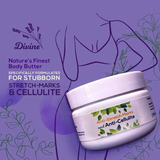 Anti-stretch Marks & Anti-cellulite Body Butter by Divine Naturals, available at Elmeraki, displayed in a jar with fresh citrus fruits and lavender sprigs.