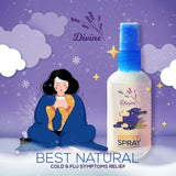 Divine Naturals Anti-Itch Spray for bug bites – no-touch application with fast itch relief, safe for ages 2+. Bottle shown with spray nozzle and ‘Dininen’ branding.