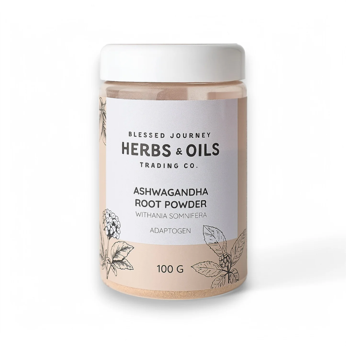 Blessed Journey Ashwagandha Root Powder in packaging from El Meraki, an Egyptian-grown adaptogen for stress relief and energy.
