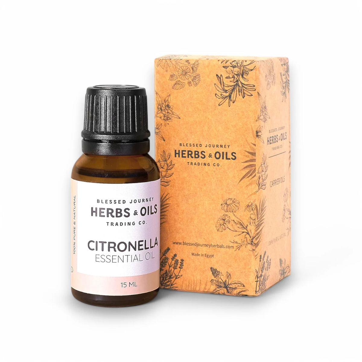 Blessed Journey Citronella Essential Oil, a natural solution for repelling insects and purifying the air, made in Egypt.
